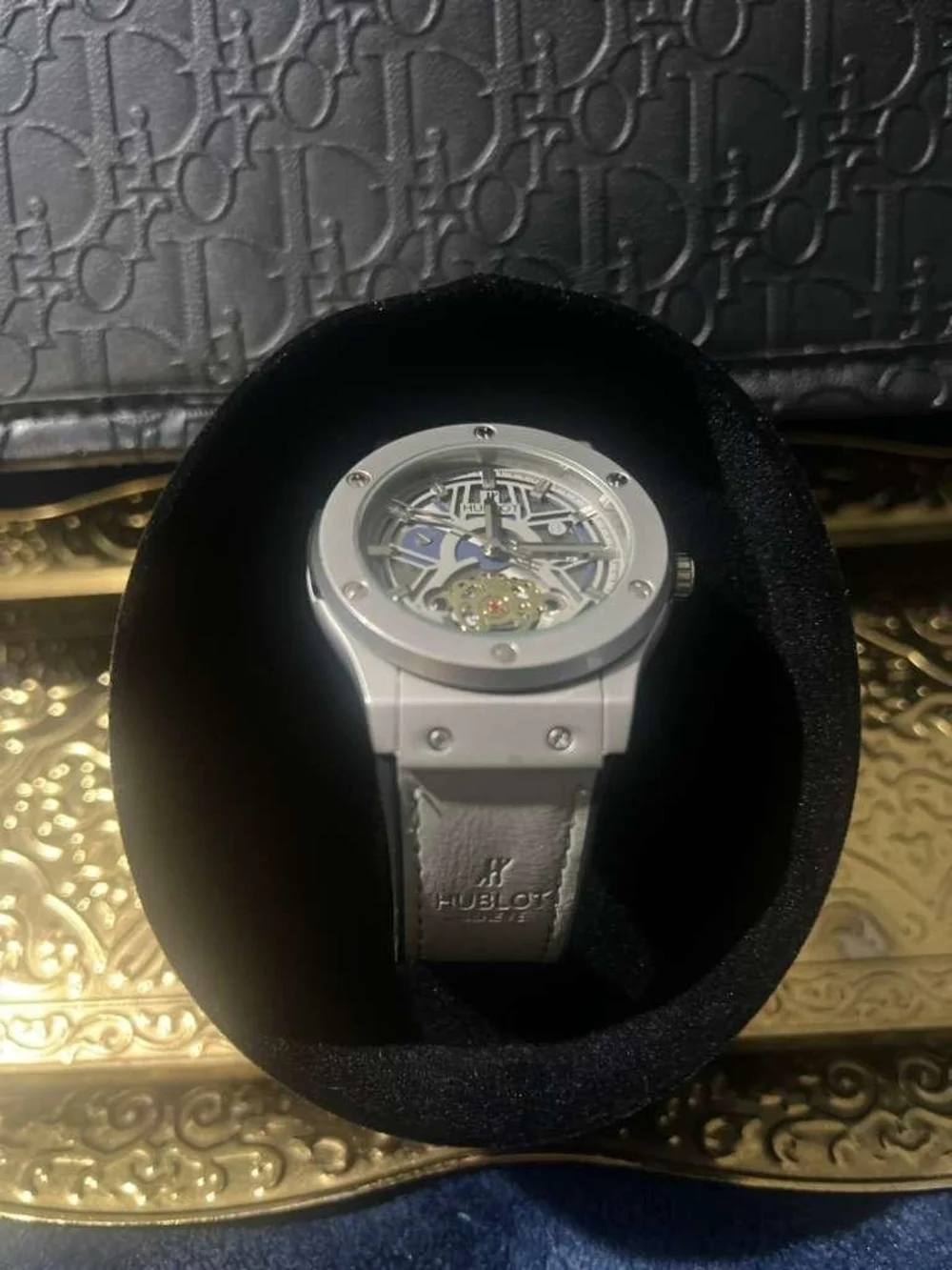 Silver White Skeleton Dial Men's Watch with White Leather Strap